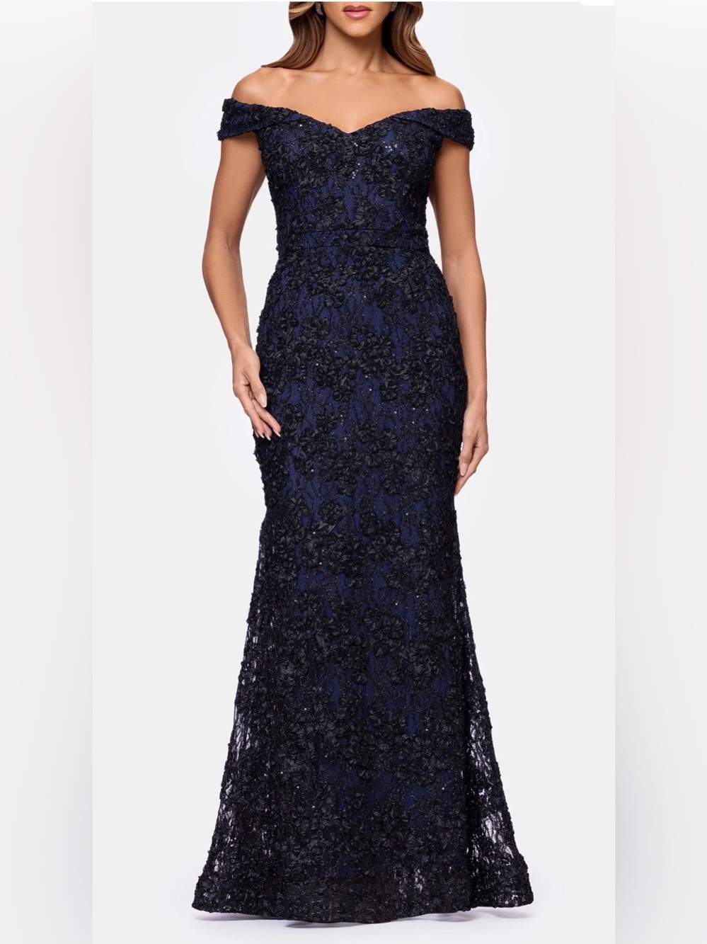 Xscape Navy Off-Shoulder Embellished Maxi Gown
